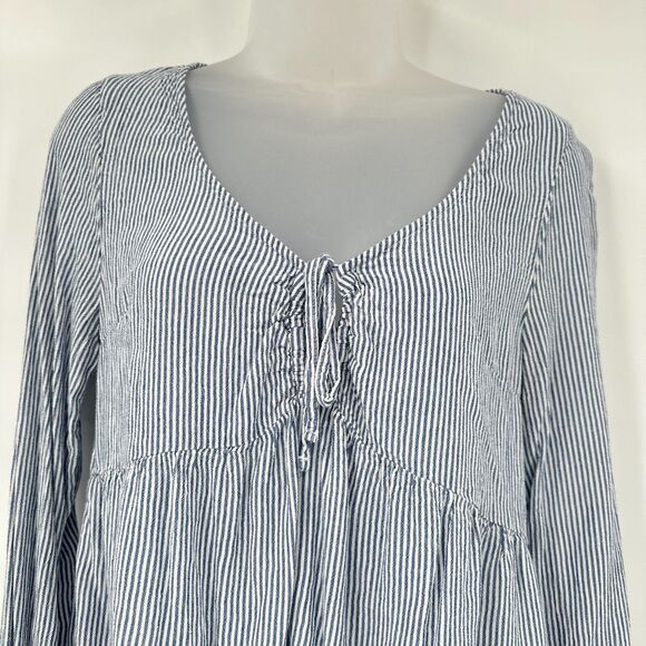 Boho Hollister Striped Tie Front Babydoll‎ Top Small Blue White Peplum Coastal - Picture 3 of 8